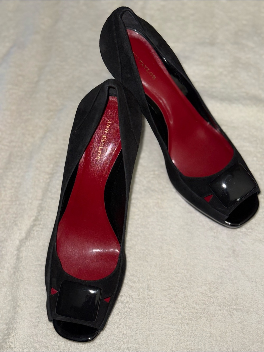 Ann Taylor Black Suede Peep-Toe Heels with Red Insole